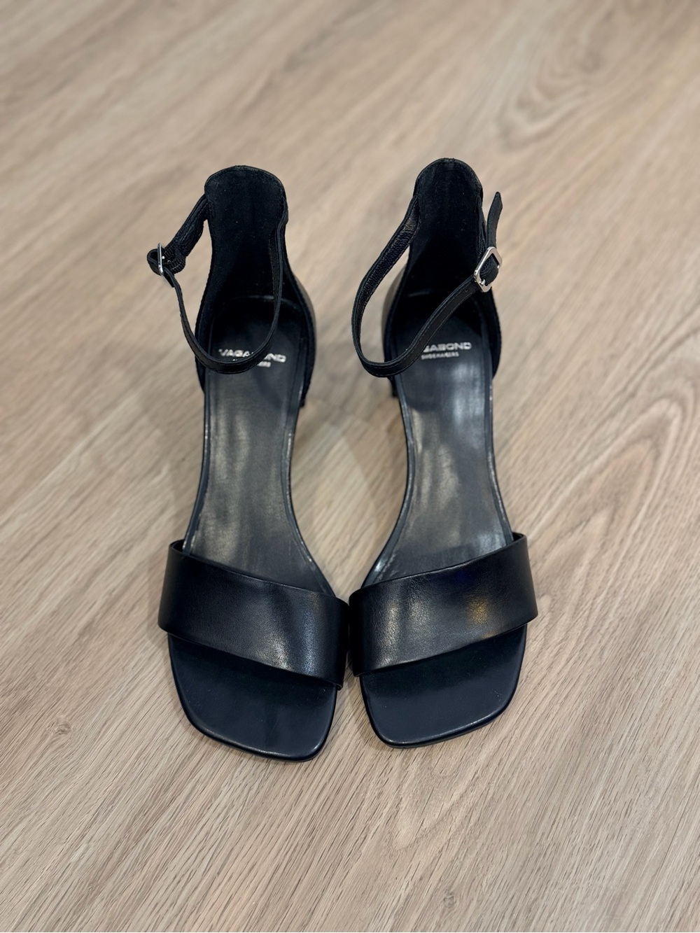 Vagabond Black Leather Square-Toe Ankle-Strap Heels